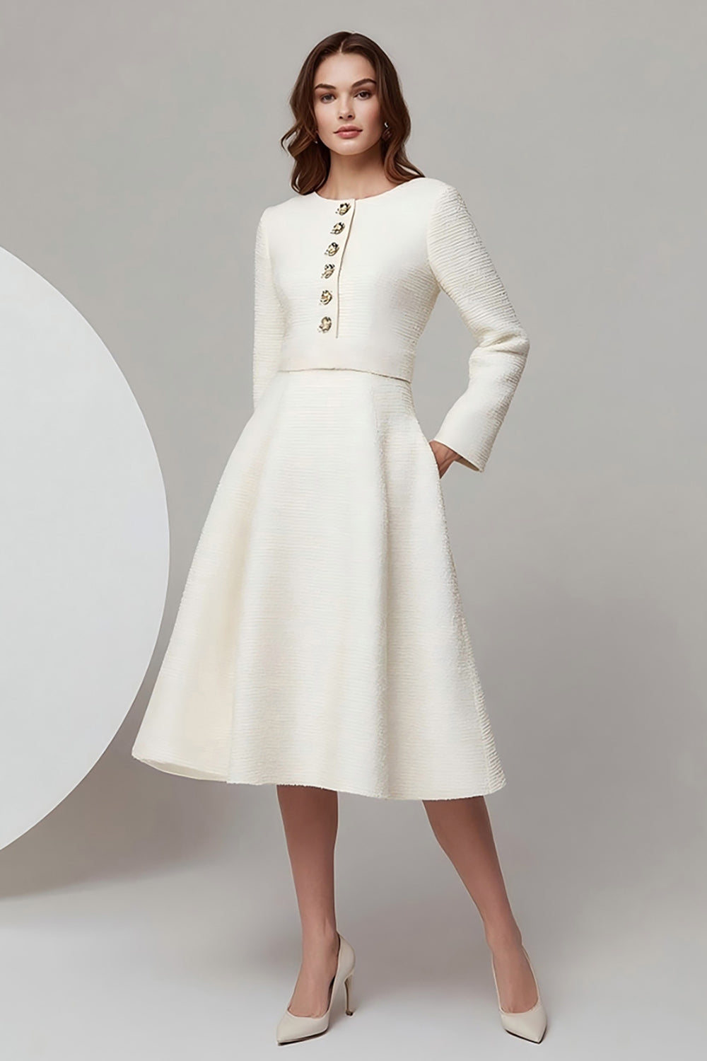 Leely Women Ivory Midi Pageant Interview Outfits with Buttons A Line Round Neck Homecoming Outfits with Sleeves