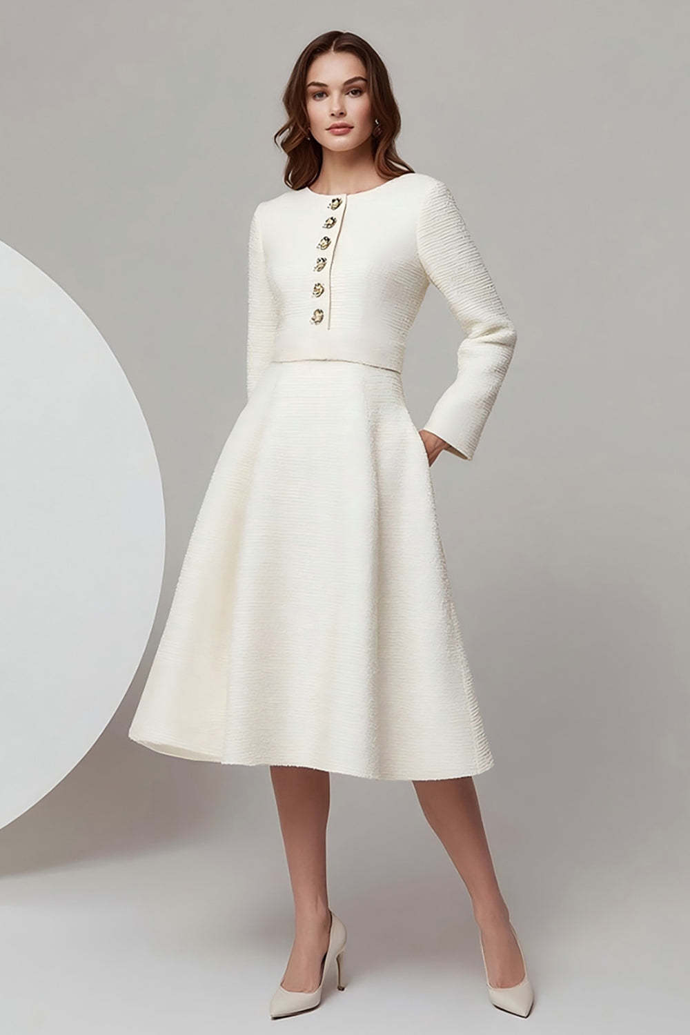 Leely Women Ivory Midi Pageant Interview Outfits with Buttons A Line Round Neck Homecoming Outfits with Sleeves