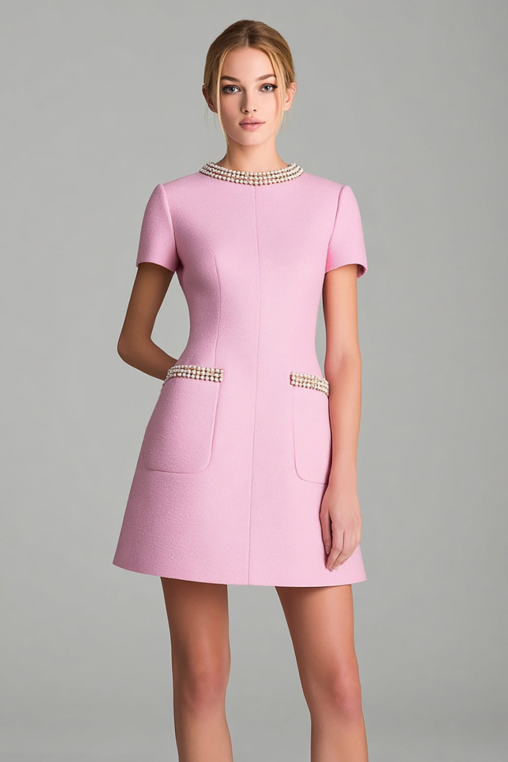 Pink Short Sleeves A Line Homecoming Outfits with Pearls