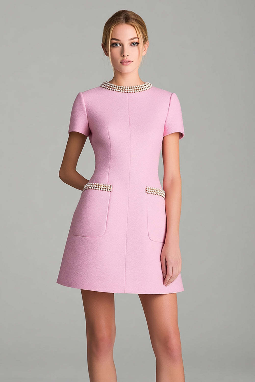 Leely Women Pink Short A Line Homecoming Outfits with Pockets Round Neck Pageant Interview Outfits with Pearls