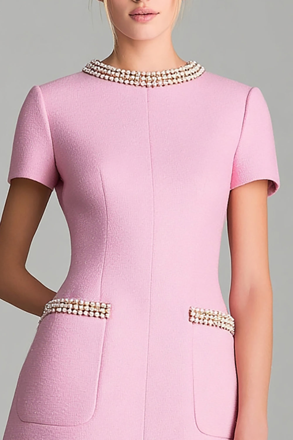 Pink Short Sleeves A Line Homecoming Outfits with Pearls