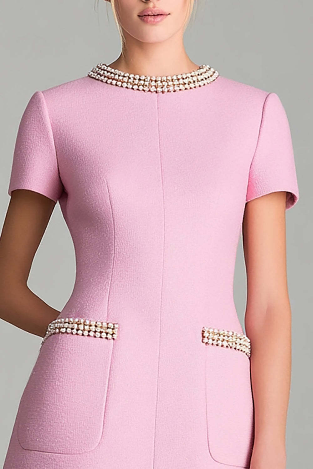 Pink Short Sleeves A Line Homecoming Outfits with Pearls