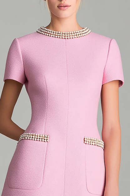 Pink Short Sleeves A Line Homecoming Outfits with Pearls
