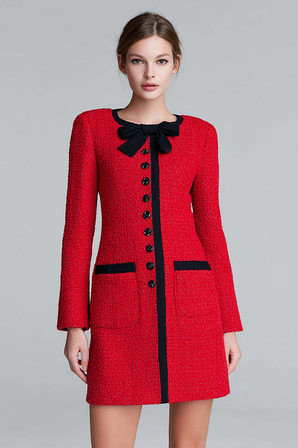 Leely Women One Piece Red Pencil Short Homecoming Outfits with Buttons Round Neck Long Sleeves Pageant Interview Outfits with Bow