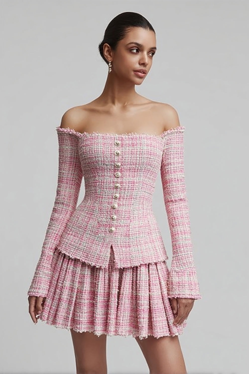 2 Piece Pink Off the Shoulder Pleated Short Homecoming Outfits