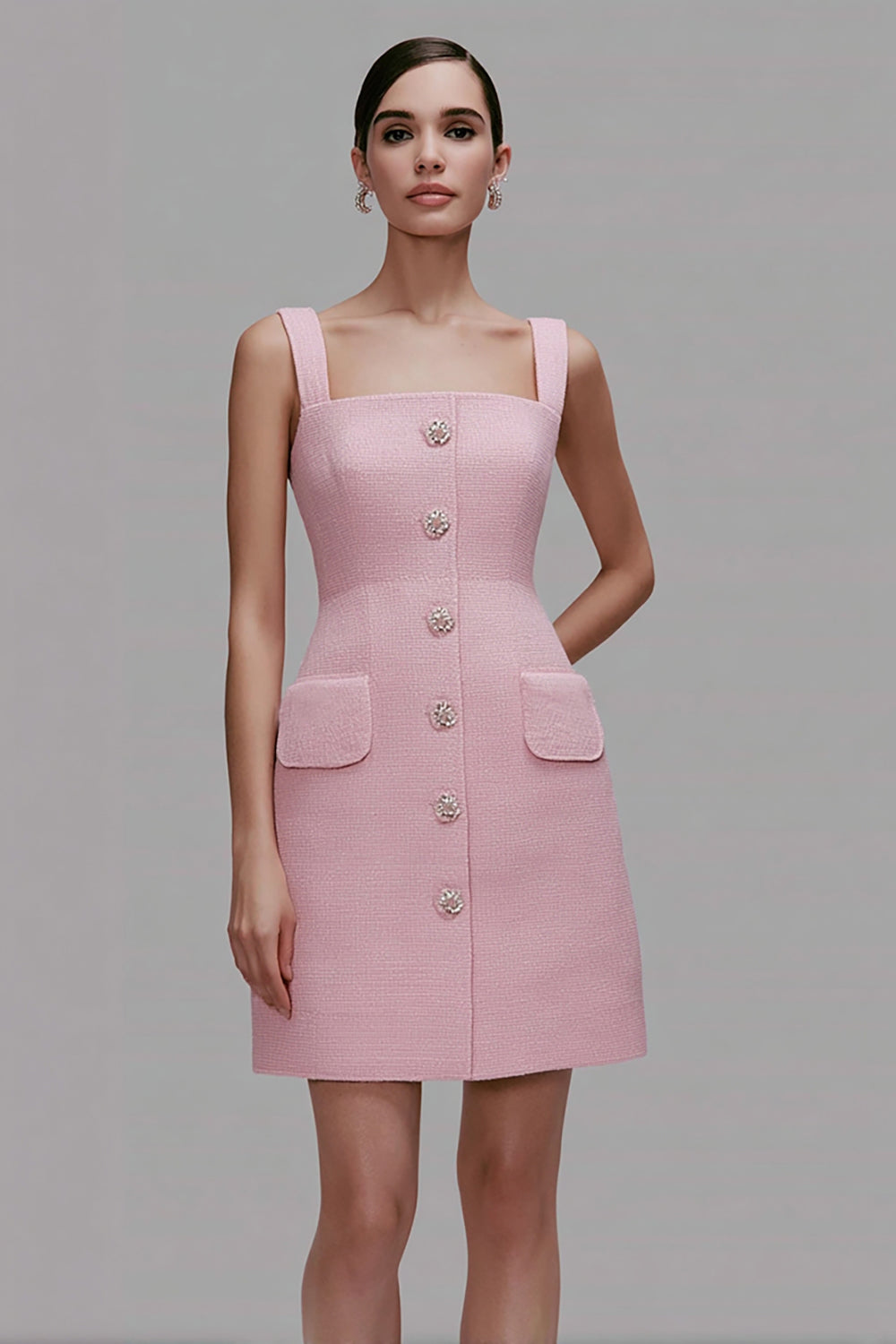 Pink Square Neck Short Homecoming Outfits with Buttons