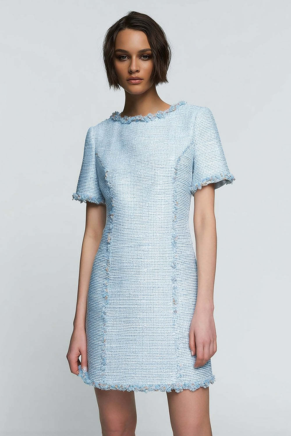 Leely Women One Piece Sky Blue Short Homecoming Outfits with Sleeves Pencil Round Neck Pageant Interview Outfits