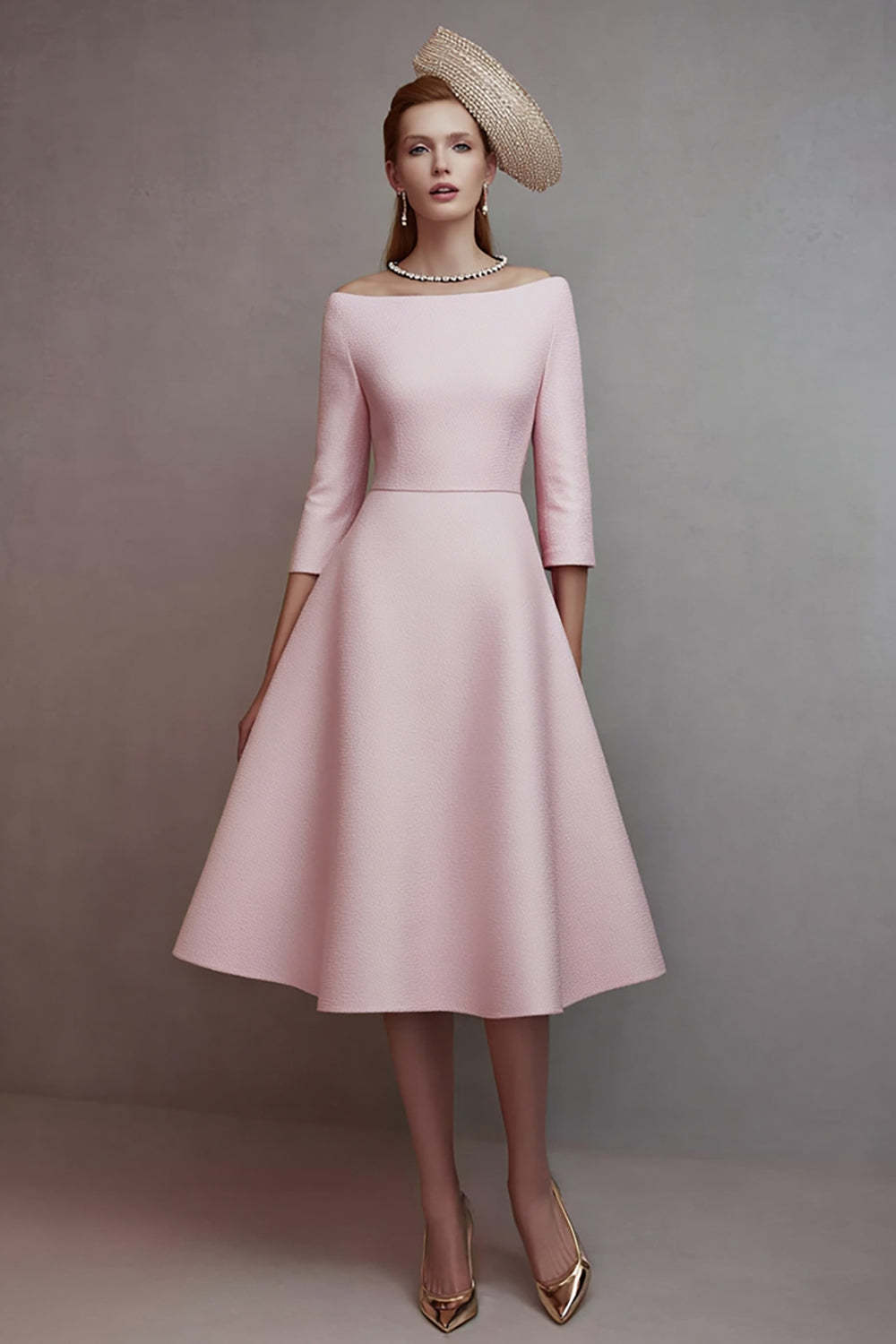 Leely Women Pink Midi Homecoming Outfits Off the Shoulder A Line 3/4 Sleeves Pageant Interview Outfits