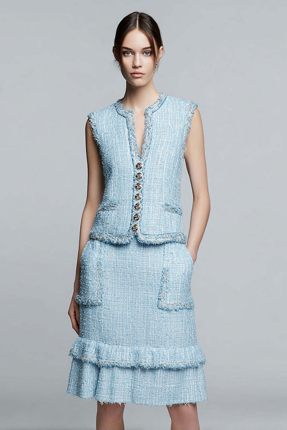 Leely Women Sky Blue 2 Piece Short Homecoming Outfits with Ruffles Pencil Blazer Pageant Interview Outfits with Buttons