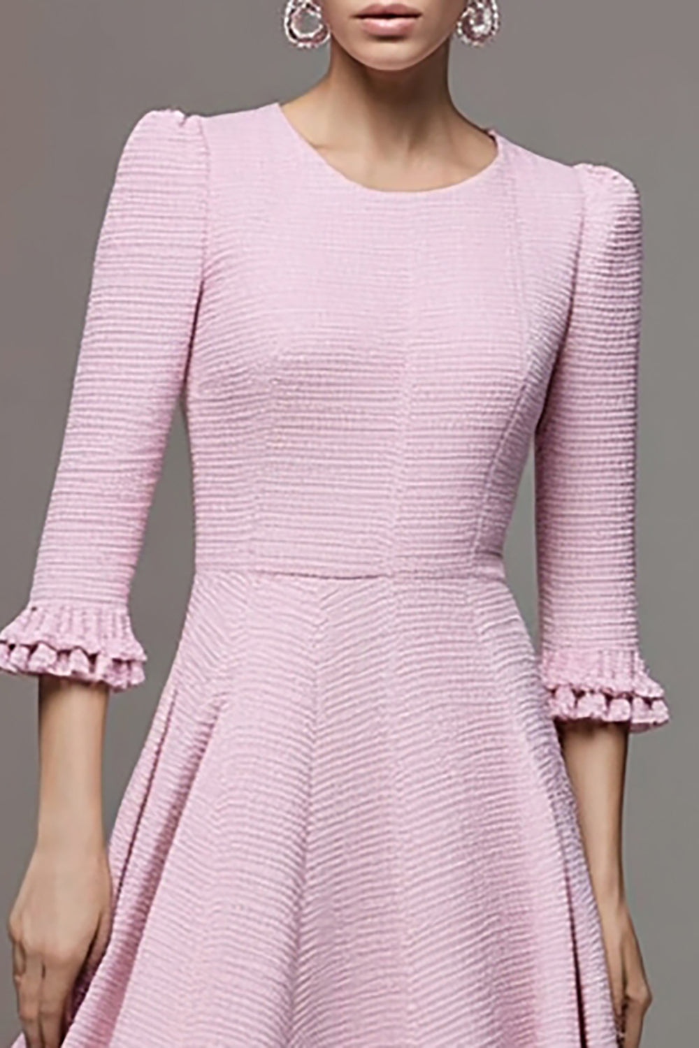 Pink A Line Round Neck Ruffled Midi Homecoming Outfits with Sleeves