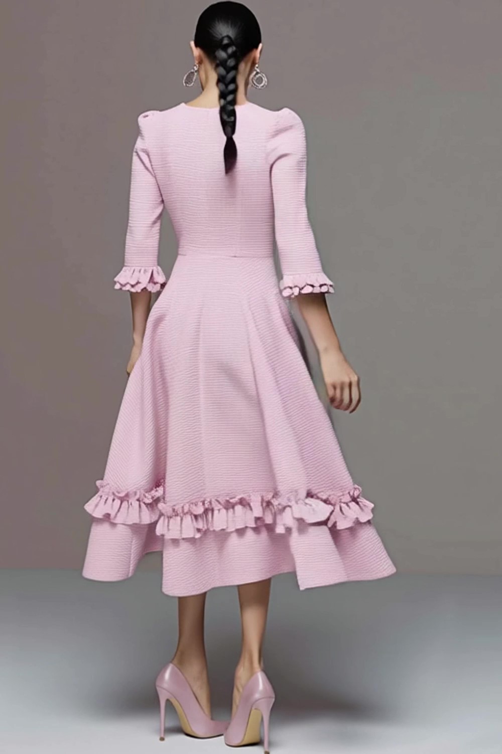 Pink A Line Round Neck Ruffled Midi Homecoming Outfits with Sleeves