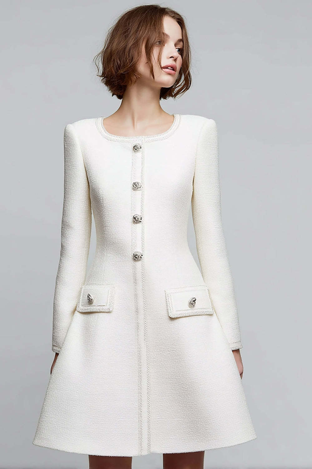 Leely Women Ivory Short Homecoming Outfits Long Sleeves A Line Round Neck Pageant Interview Outfits