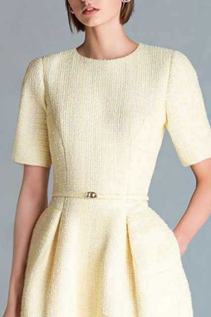 Midi Light Yellow Round Neck A Line Homecoming Outfits with Sleeves