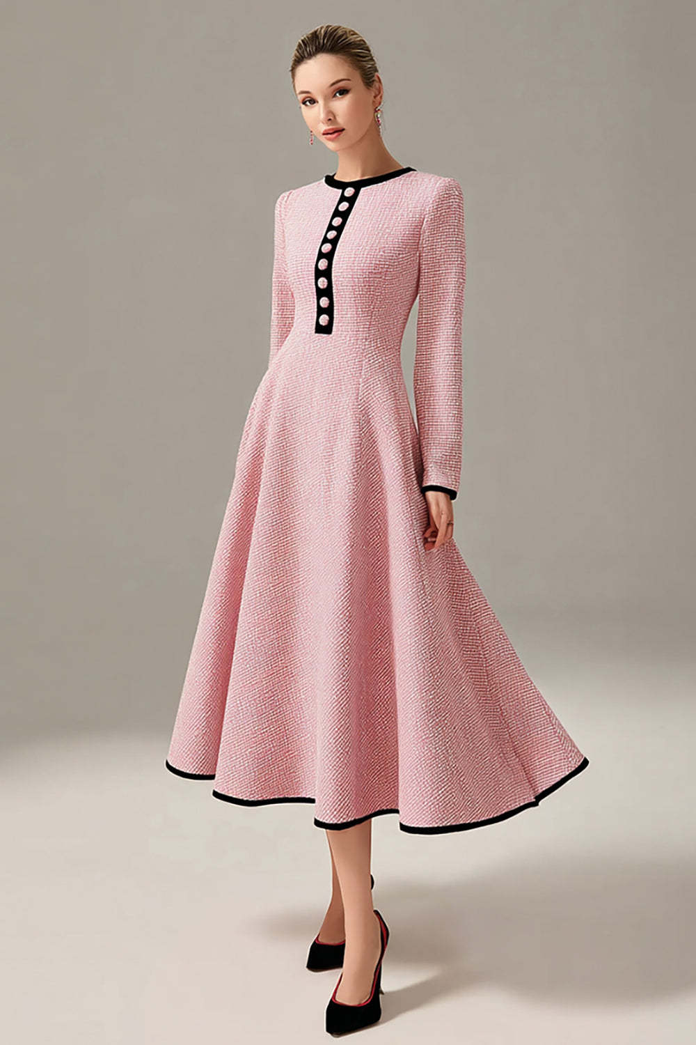 Leely Women Elegant Pink Midi Homecoming Outfits Long Sleeves A Line Round Neck Pageant Interview Outfits