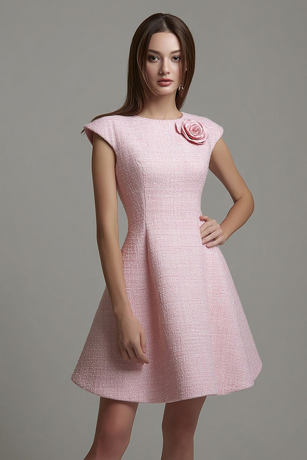 Pink Cap Sleeves A Line Short Homecoming Outfits with 3D Flowers