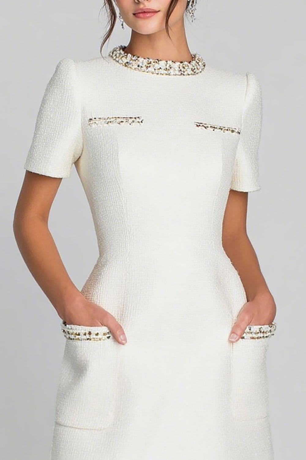 Ivory Round Neck Short Pencil Homecoming Outfits with Pockets
