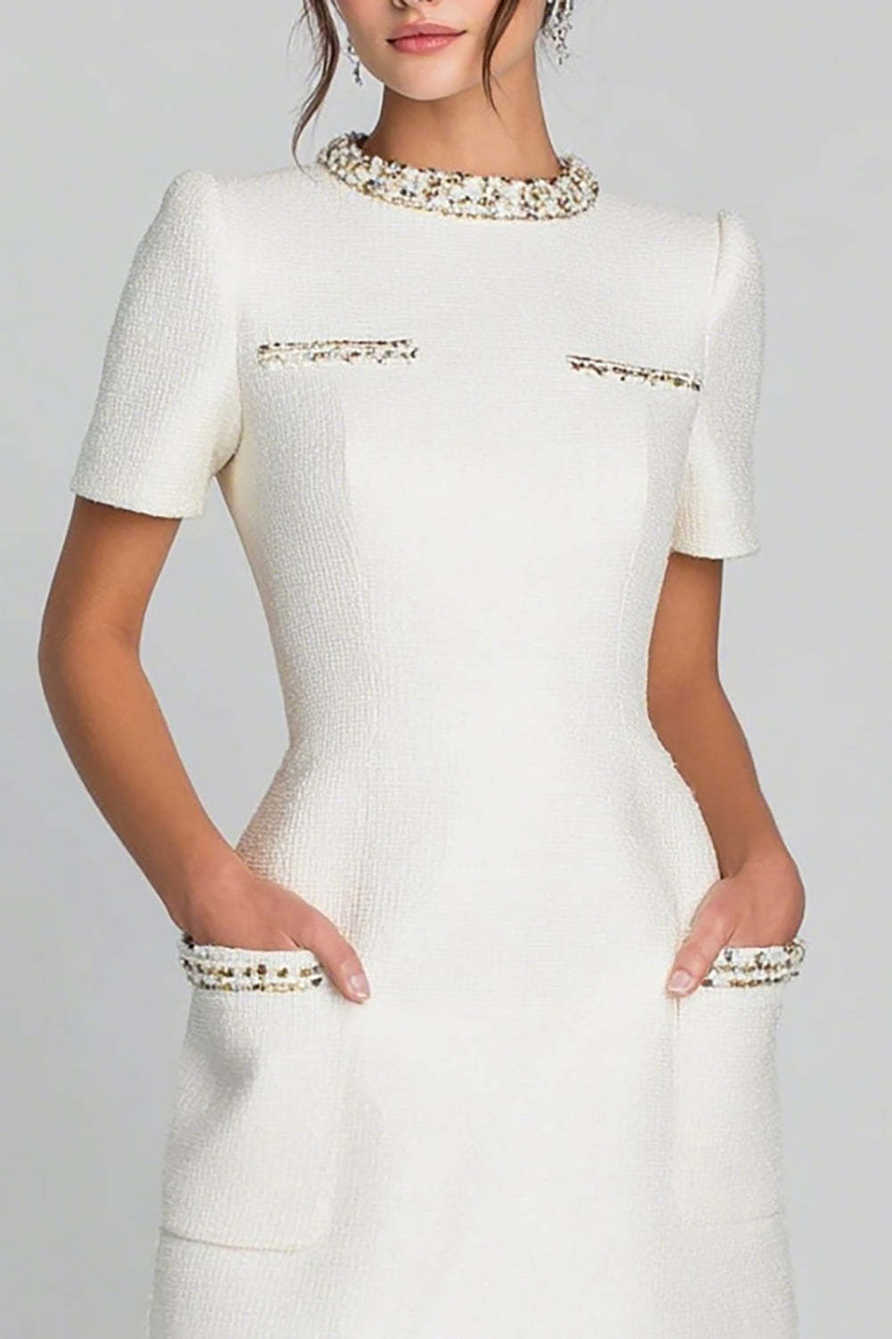 Ivory Round Neck Short Pencil Homecoming Outfits with Pockets