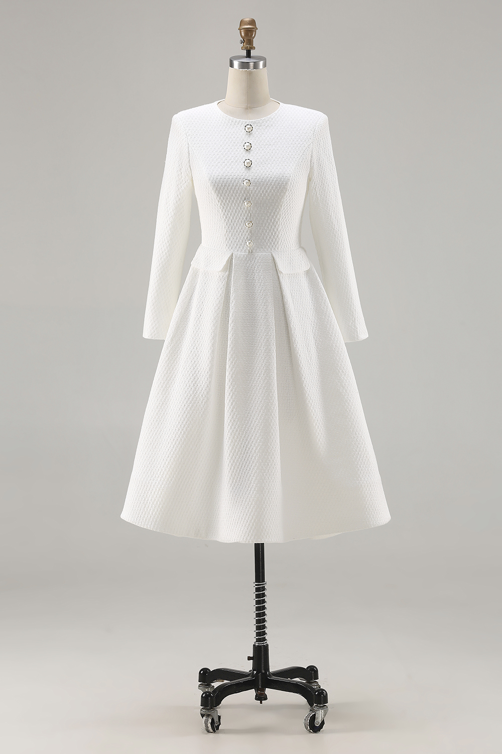 Tweed Ivory Long Sleeves A Line Midi Pageant Interview Dress with Pockets