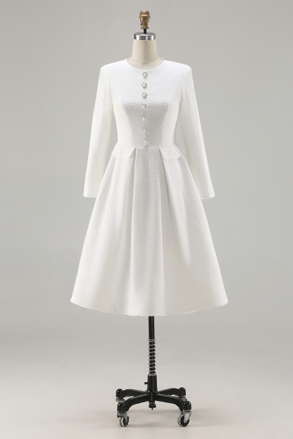 Tweed Ivory Long Sleeves A Line Midi Pageant Interview Dress with Pockets