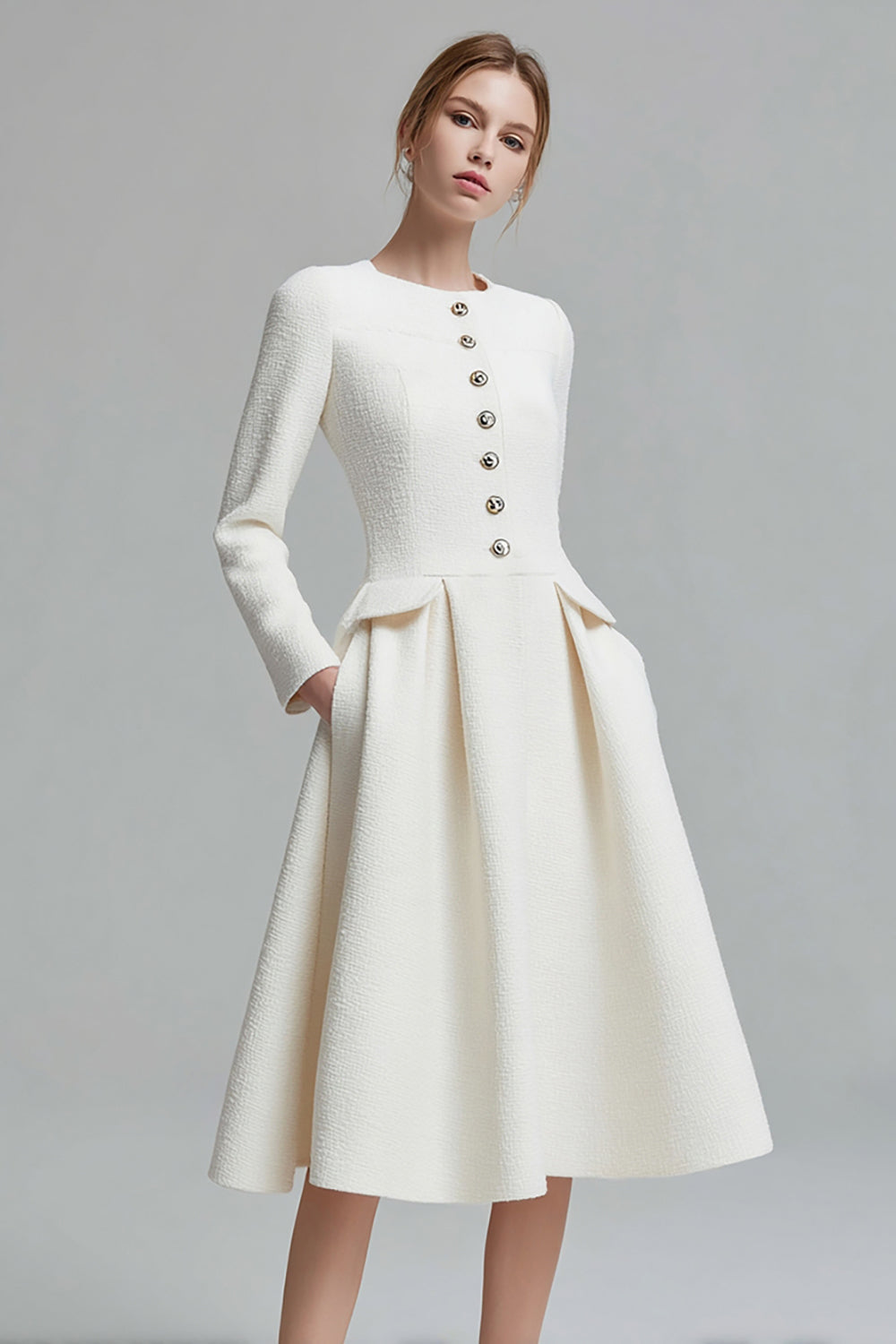 Tweed Ivory Long Sleeves A Line Midi Pageant Interview Dress with Pockets