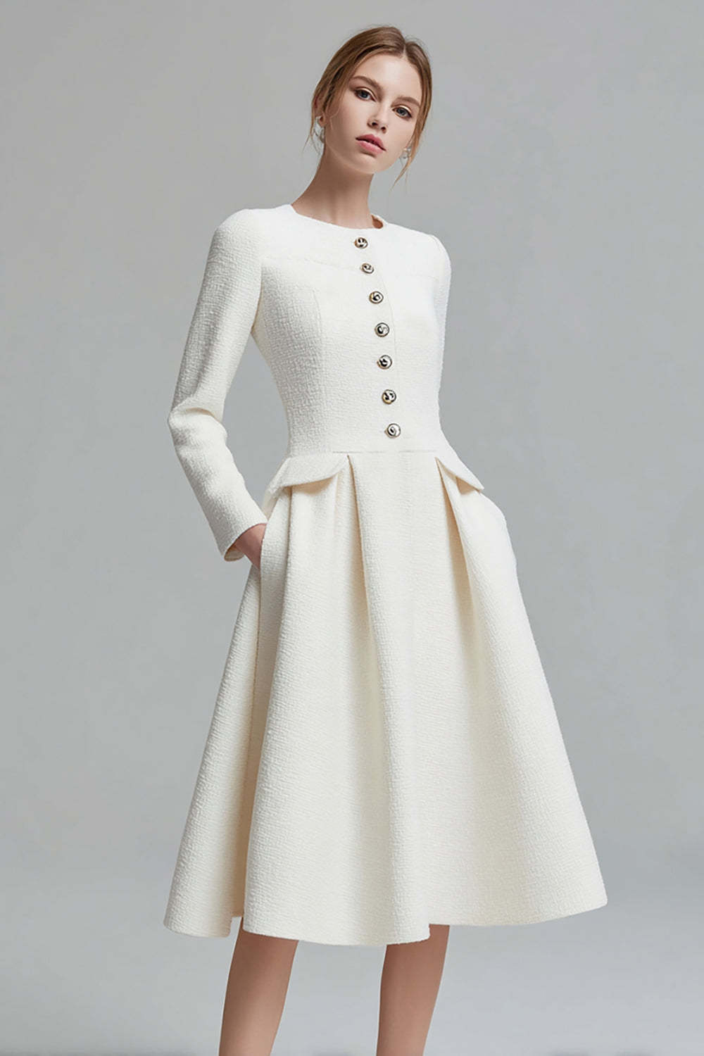 Tweed Ivory Long Sleeves A Line Midi Pageant Interview Dress with Pockets