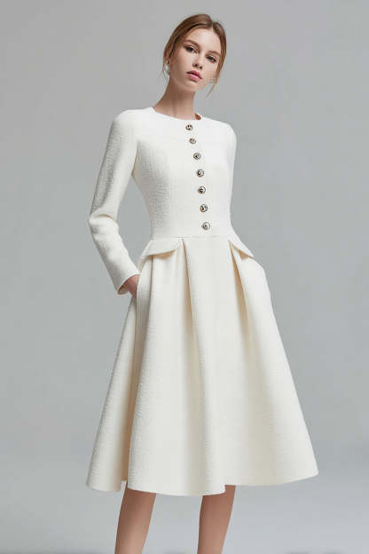 Tweed Ivory Long Sleeves A Line Midi Pageant Interview Dress with Pockets