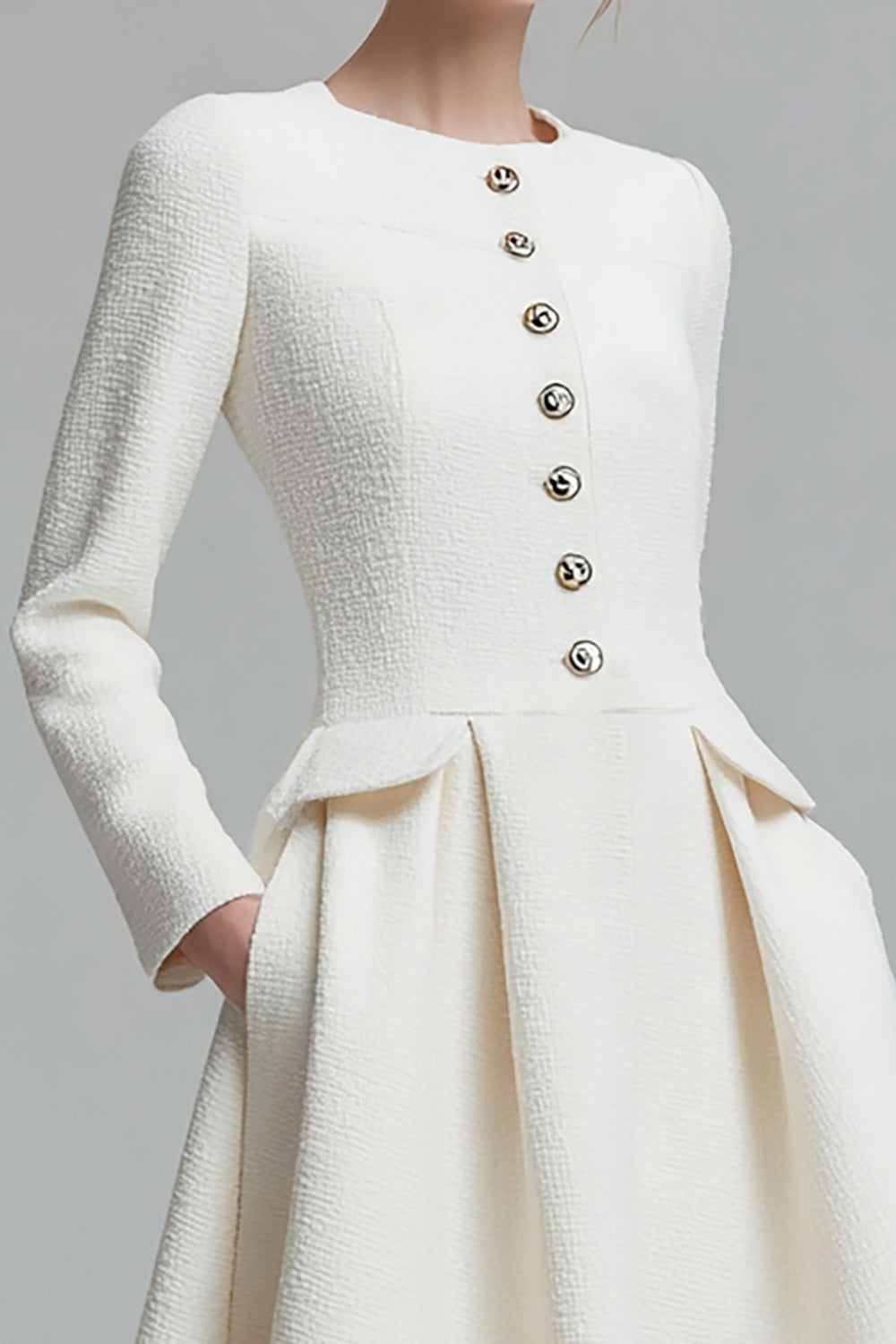 Tweed Ivory Long Sleeves A Line Midi Pageant Interview Dress with Pockets