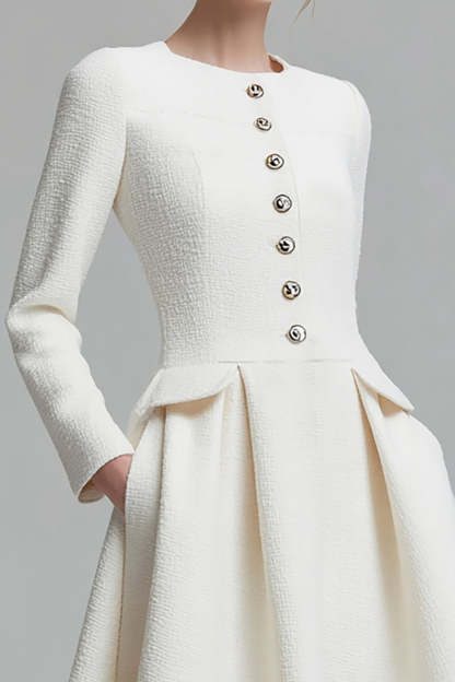 Tweed Ivory Long Sleeves A Line Midi Pageant Interview Dress with Pockets
