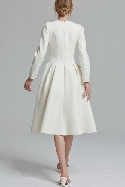 Tweed Ivory Long Sleeves A Line Midi Pageant Interview Dress with Pockets