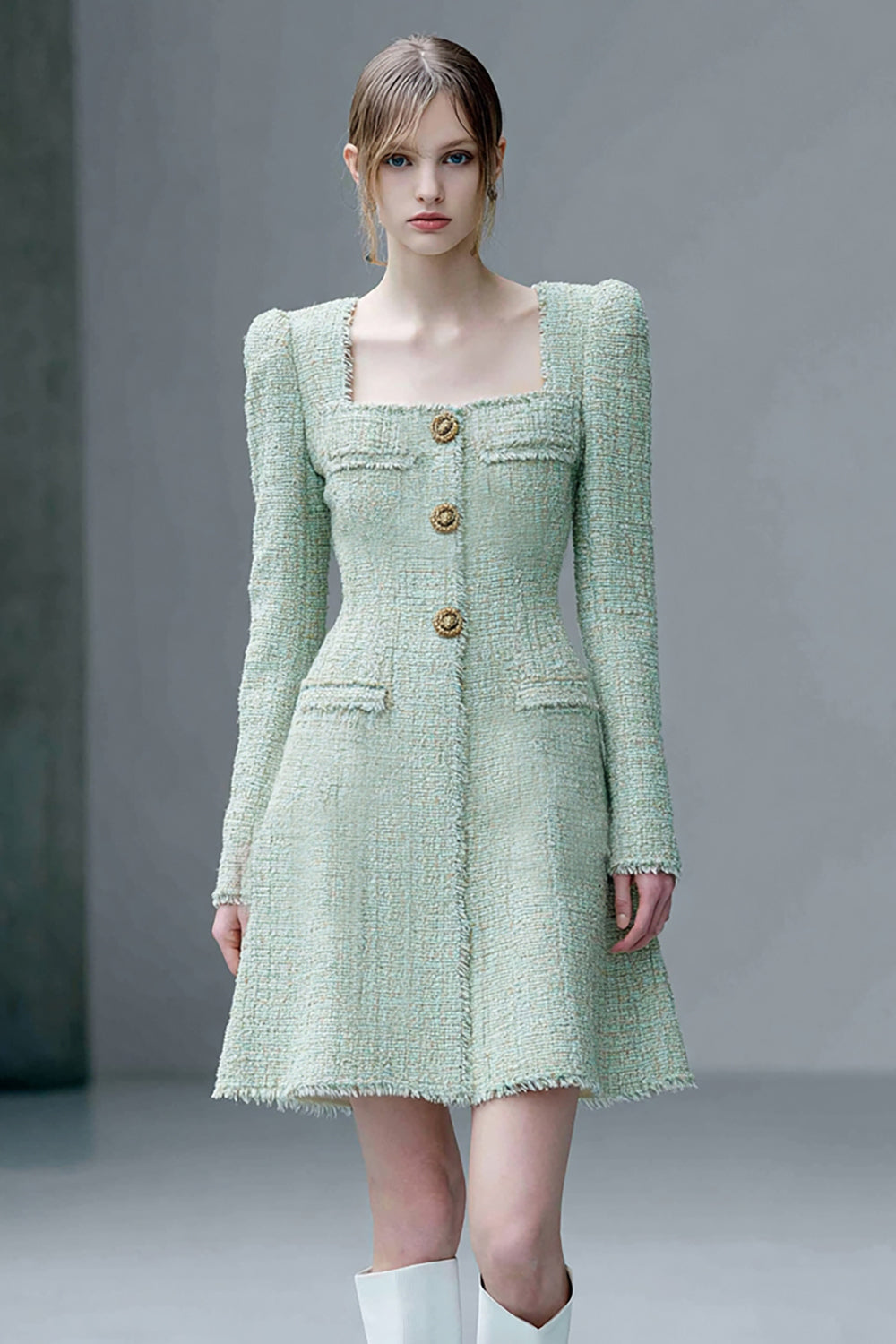 Leely Women Mint Green Short Homecoming Dress with Sleeves Square Neck A Line Pageant Interview Dress with Buttons