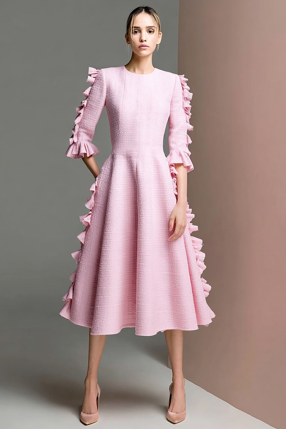 Pink Half Sleeves A Line Midi Homecoming Dress with Ruffles