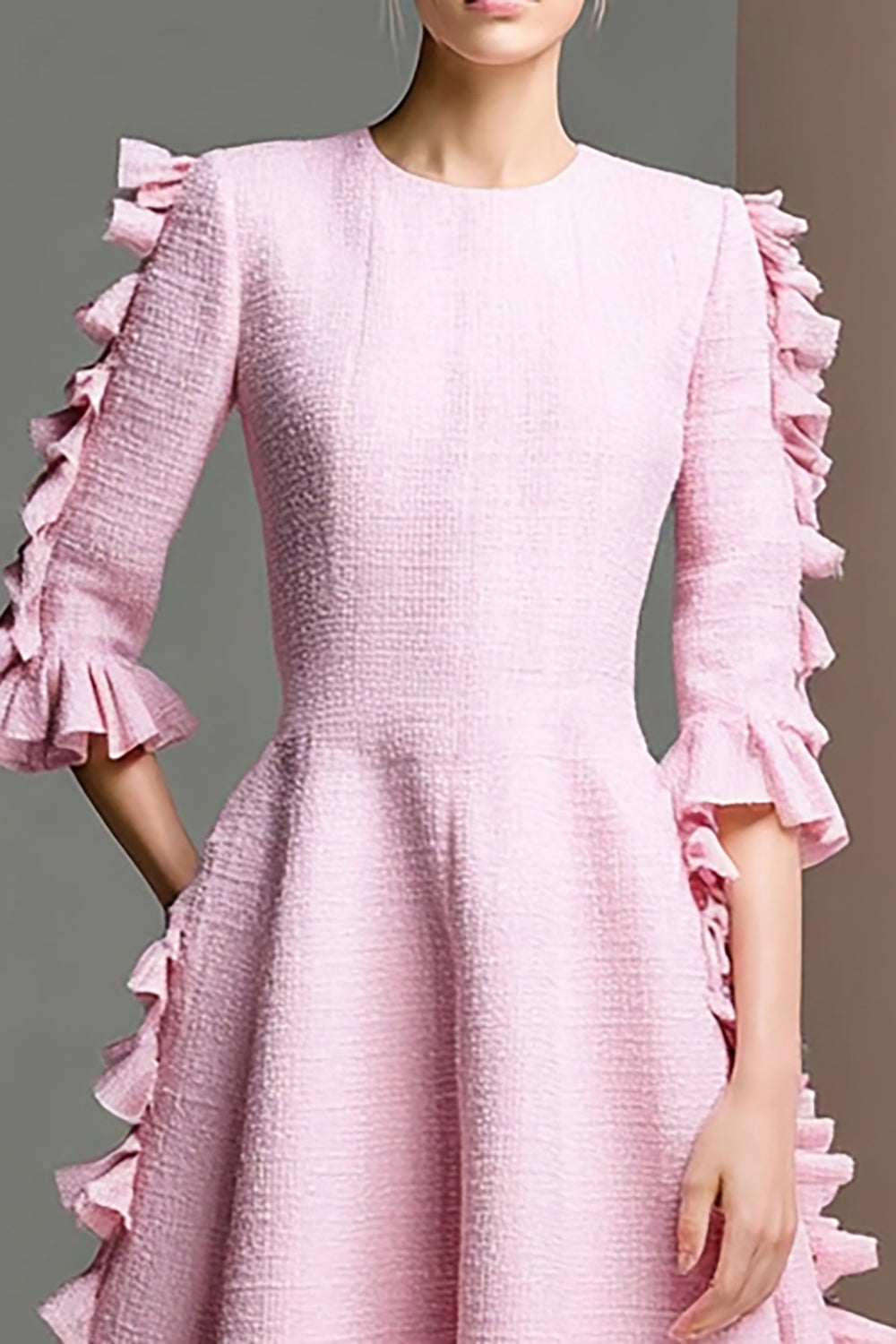 Pink Half Sleeves A Line Midi Homecoming Dress with Ruffles