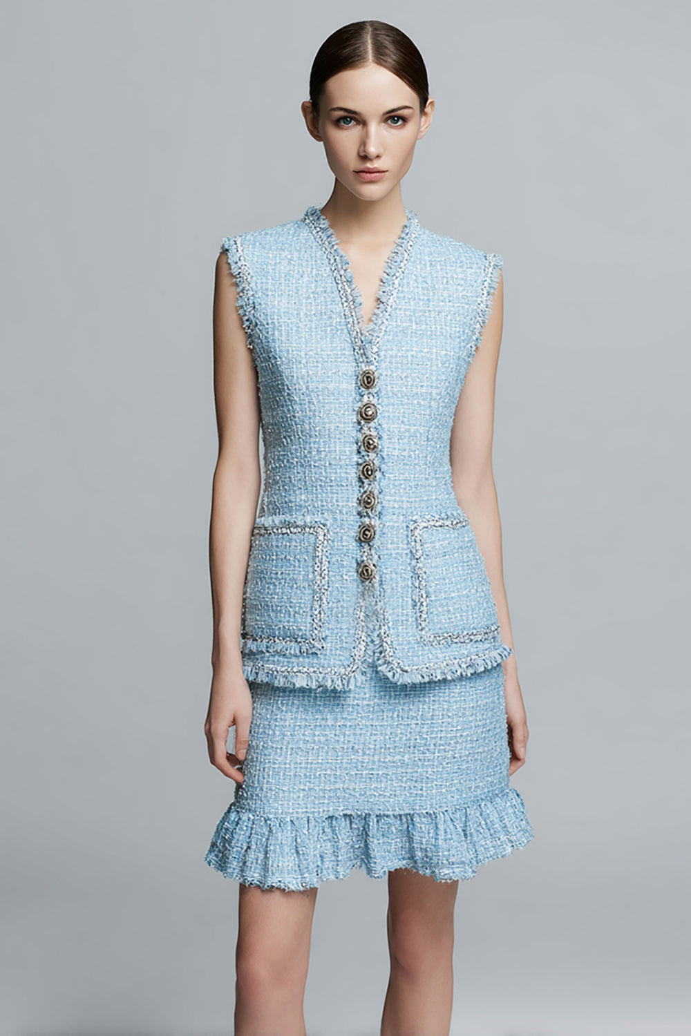 2 Piece Sky Blue Short Homecoming Outfits with Ruffles