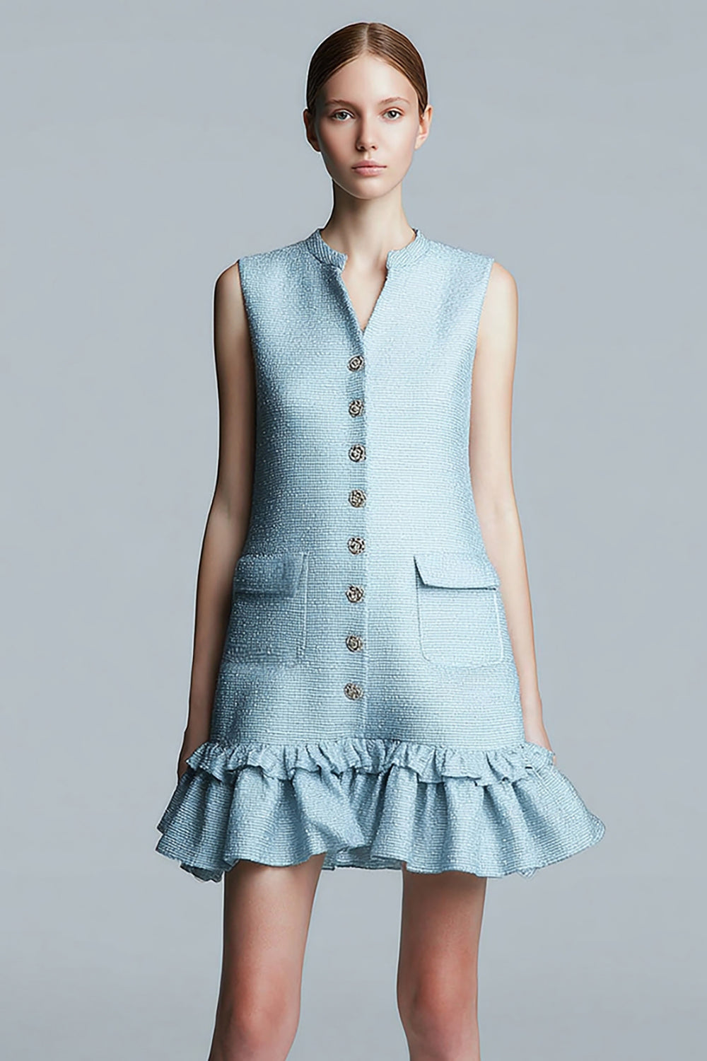 Leely Women Sky Blue Tight Short Homecoming Dress with Ruffles Round Neck Pageant Interview Dress with Buttons