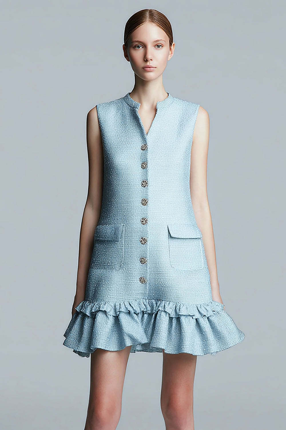 Leely Women Sky Blue Tight Short Homecoming Dress with Ruffles Round Neck Pageant Interview Dress with Buttons