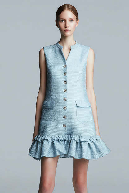 Leely Women Sky Blue Tight Short Homecoming Dress with Ruffles Round Neck Pageant Interview Dress with Buttons