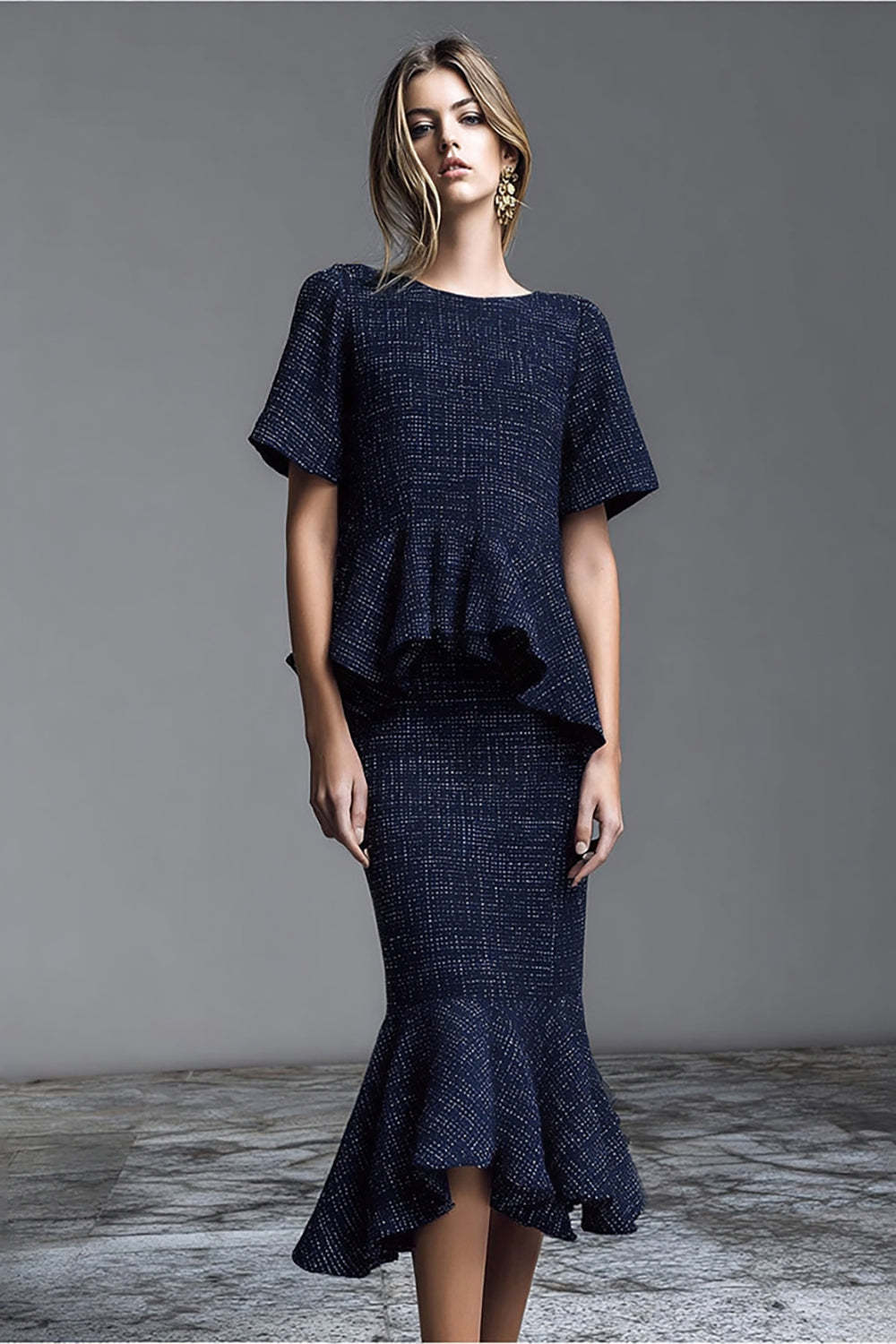 Leely Women Navy 2 Piece Midi Mermaid Homecoming Outfits with Ruffles Pageant Interview Outfits with Sleeves