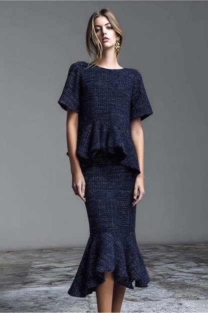 Leely Women Navy 2 Piece Midi Mermaid Homecoming Outfits with Ruffles Pageant Interview Outfits with Sleeves