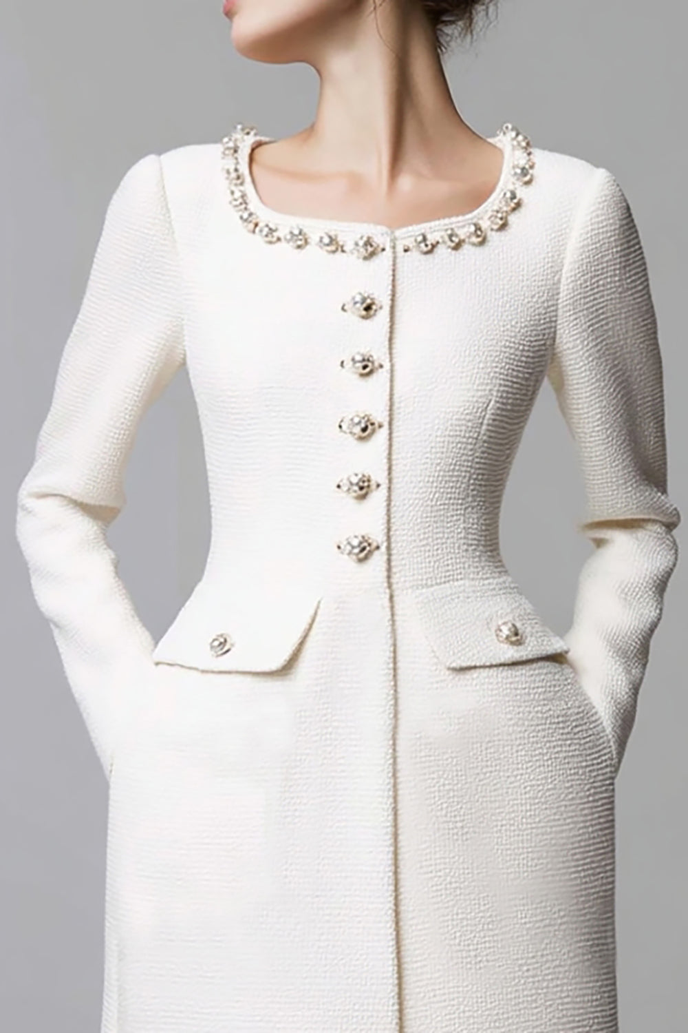 One Piece Ivory Tweed Tight Scoop Neck Short Pageant Interview Dress with Pearls