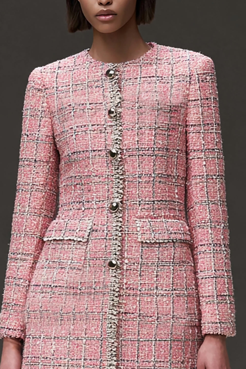 One Piece Pink Plaid Tight Tweed Short Homecoming Dress with Sleeves