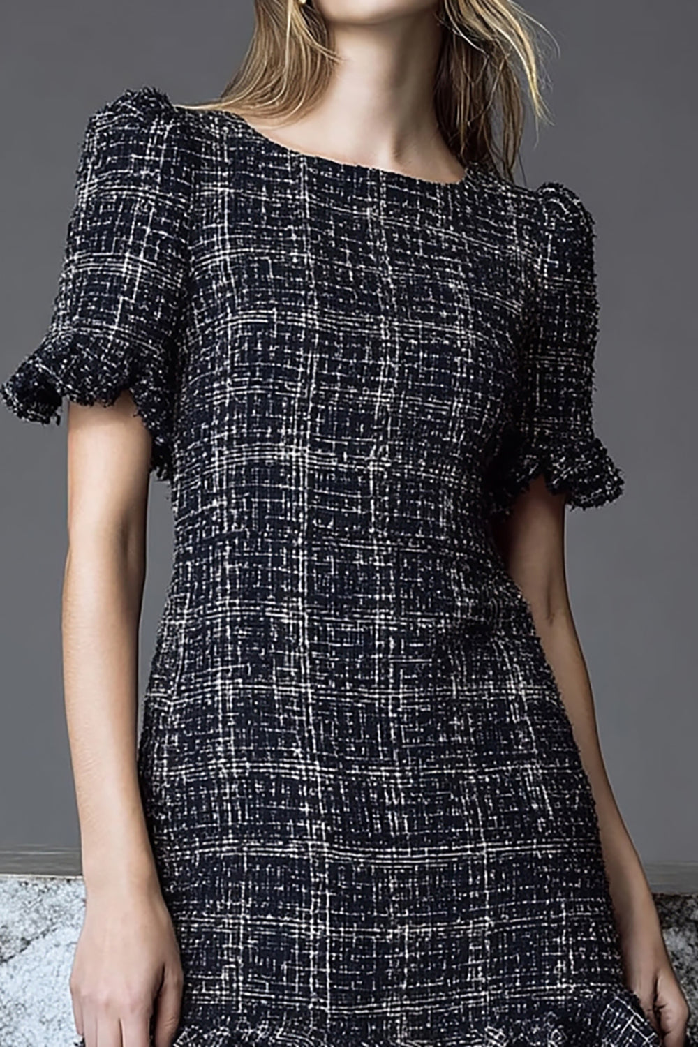 Black Plaid Tight Boat Neck Short Homecoming Outfits with Ruffles