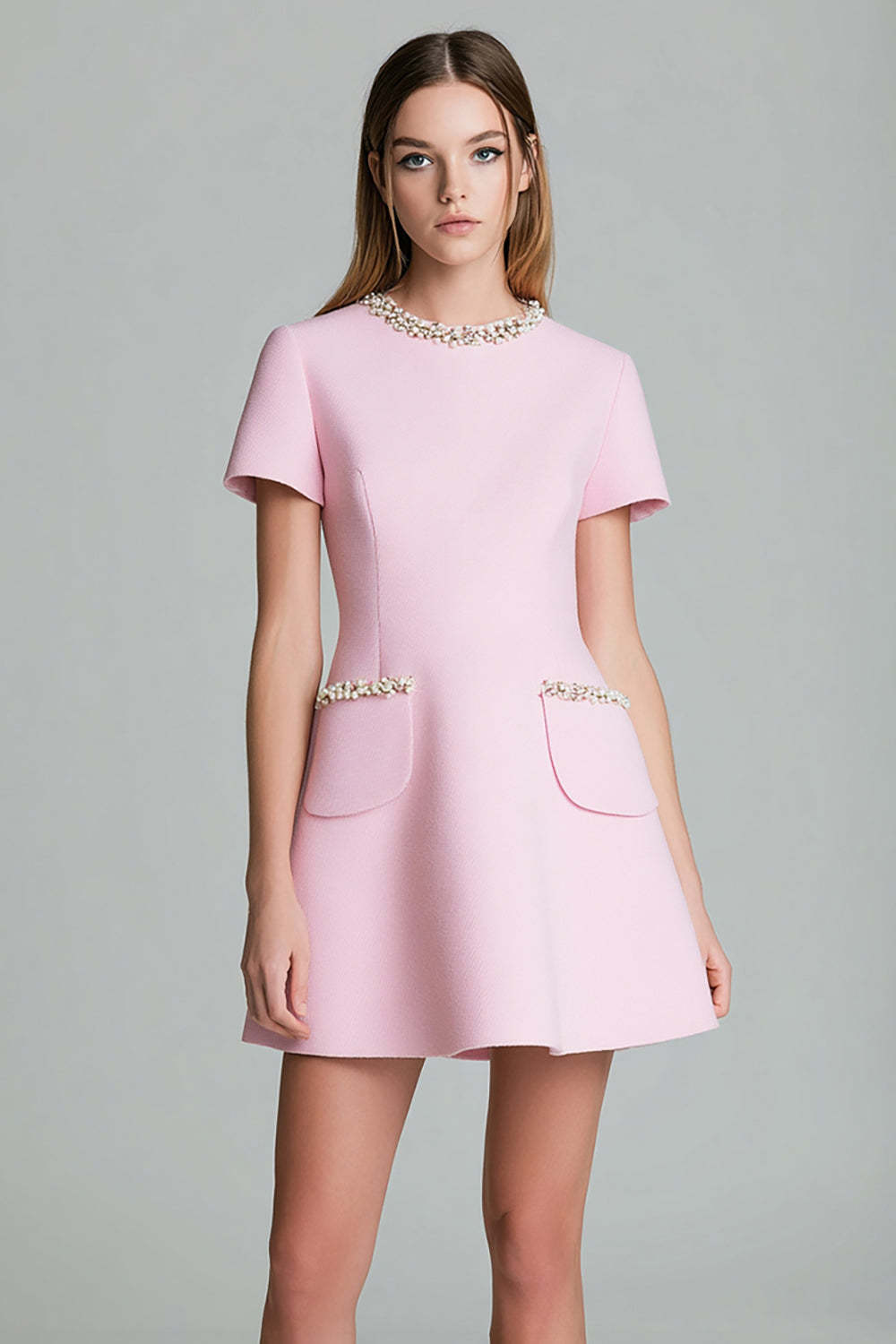 Leely Women Pink Short Homecoming Dress with Pearls A Line Round Neck Pageant Interview Dress with Sleeves