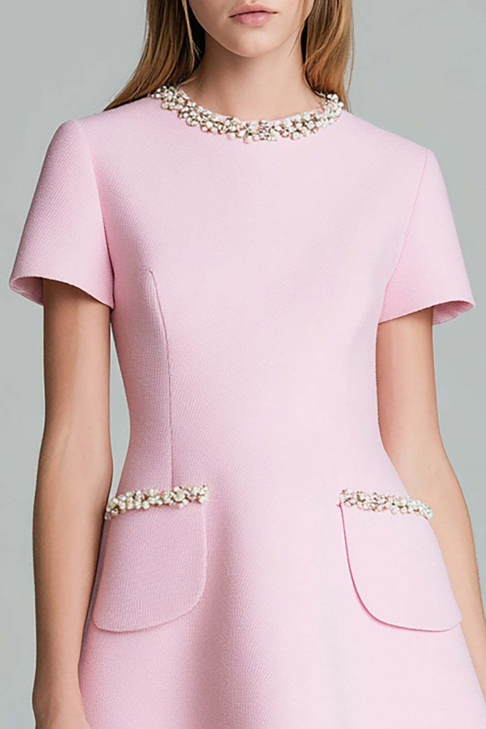 Pink A Line Round Neck Short Homecoming Dress with Pearls