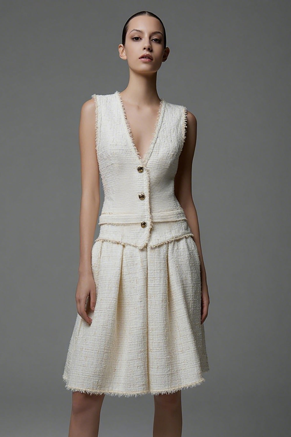 Ivory 2 Piece V Neck Short Homecoming Outfits with Buttons