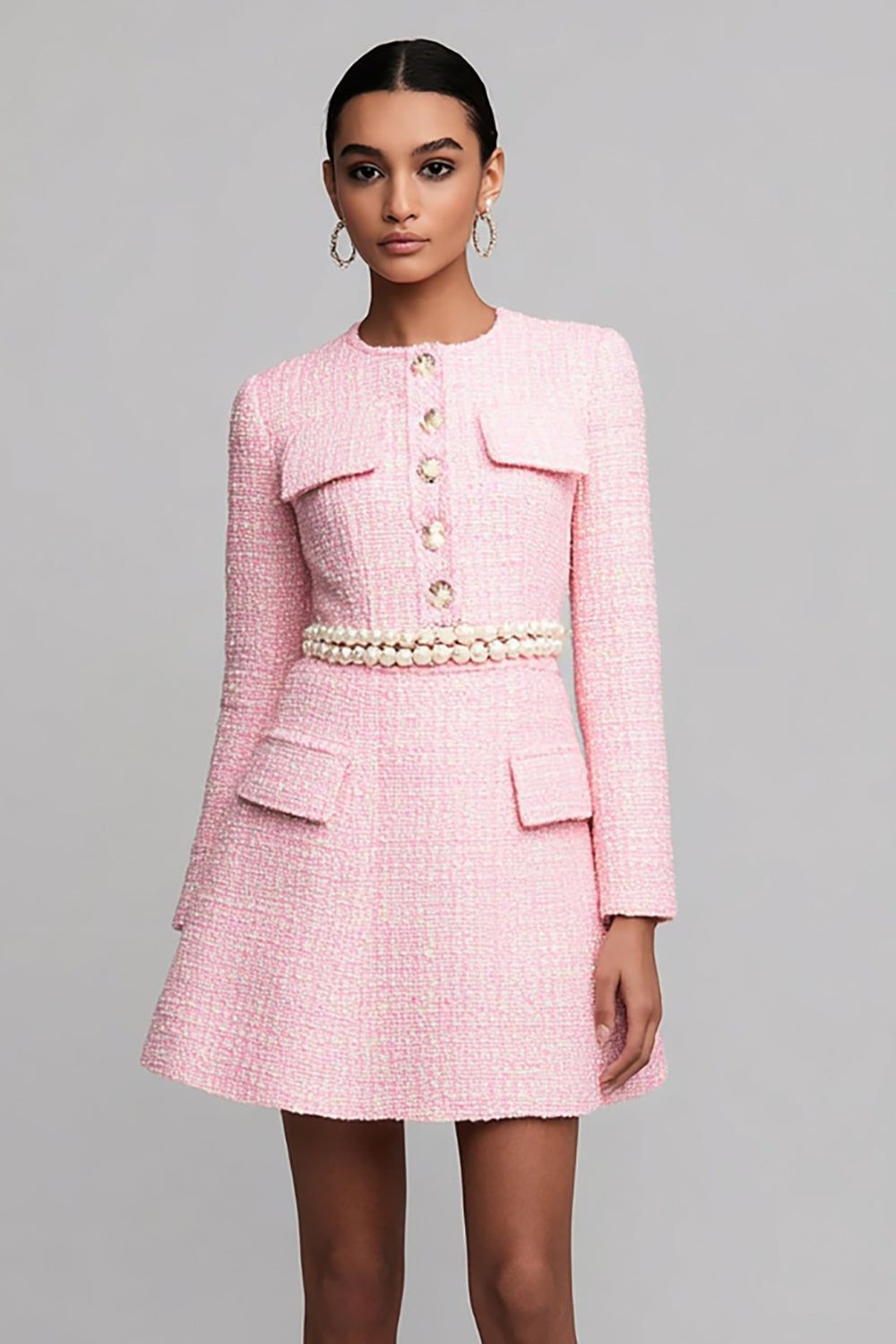 Pink A Line Long Sleeves Short Homecoming Dress with Pearls