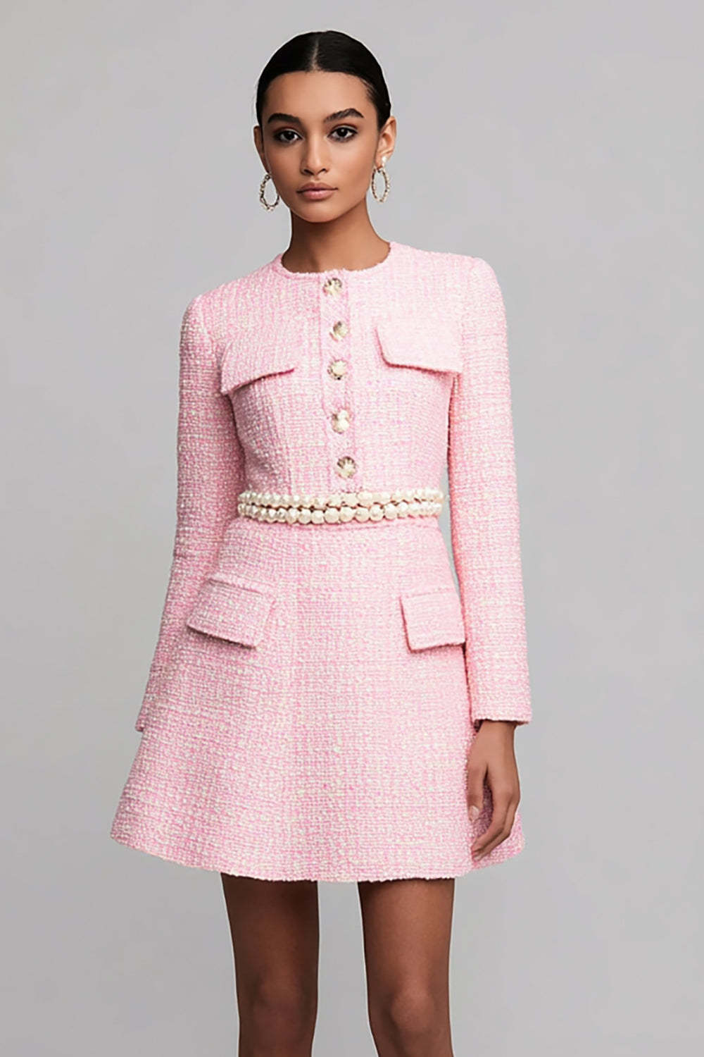 Leely Women Pink A Line Short Homecoming Dress with Pearls Round Neck Long Sleeves Pageant Interview Dress