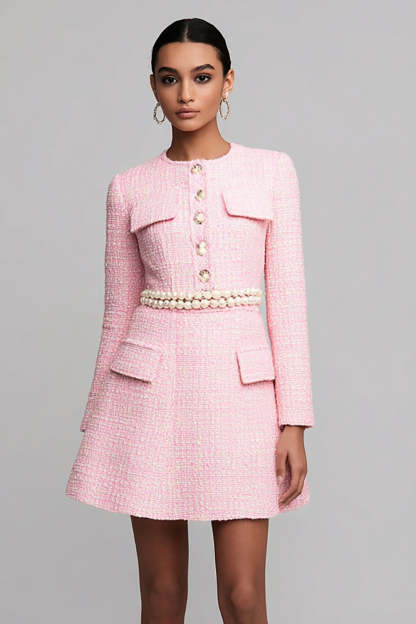 Leely Women Pink A Line Short Homecoming Dress with Pearls Round Neck Long Sleeves Pageant Interview Dress