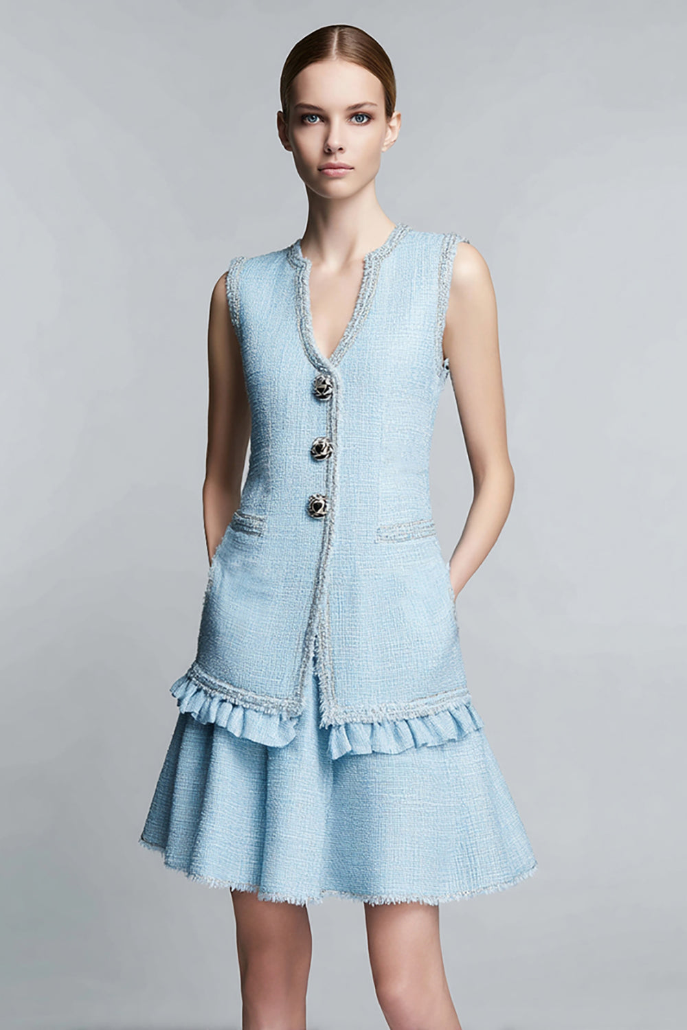 Sky Blue 2 Piece Short Summer Homecoming Outfits with Ruffles