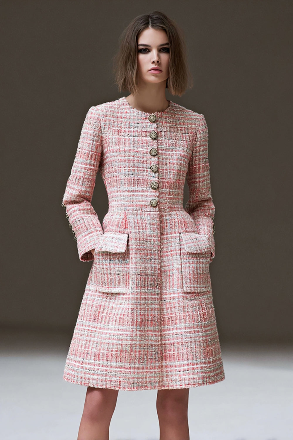 One Piece Pink Plaid A Line Short Homecoming Dress with Sleeves