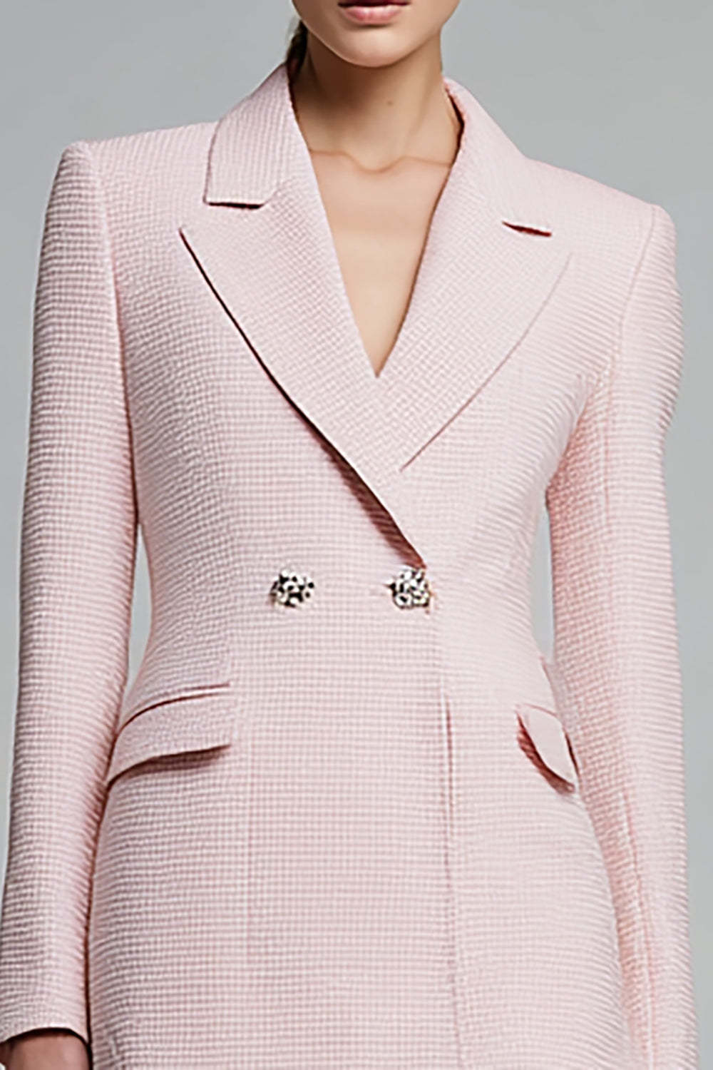 Pink Notched Lapel Short Tweed Pencil Blazer Dress with Sleeves